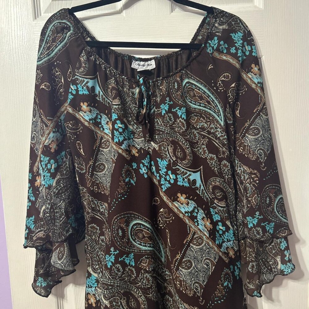 Marla Kim brown and blue asymmetrical paisley dress